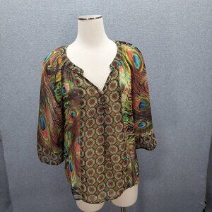 Anthropologie Fig and Flower Women's Boho Peasant Blouse PL Peacock